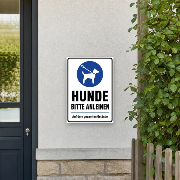 KI-generiertes Anwendungsbeispiel: Hunde bitte anleinen Aufkleber mit blauem Hundesymbol und schwarzem Text auf glatter Türfläche.