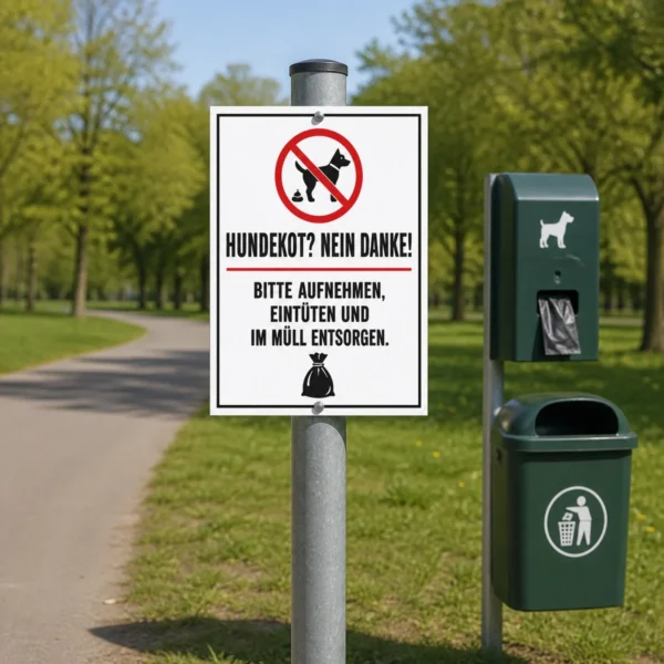 KI-generiertes Anwendungsbeispiel: Hundekot? Nein Danke! Aufkleber an einem Zaun mit rotem Verbotssymbol und klarer Textbotschaft.