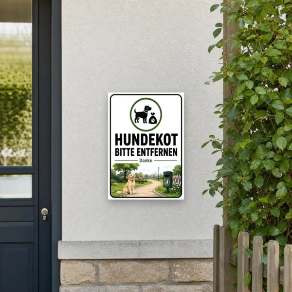 KI-generiertes Anwendungsbeispiel: Hundekot entfernen Aufkleber mit Hundemotiv an einem Parkweg neben einem Abfalleimer.