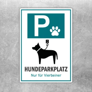 Hundparkplatz Aufkleber mit Parksymbol, Pfote und Hundesilhouette in Türkis, Weiß und Schwarz.