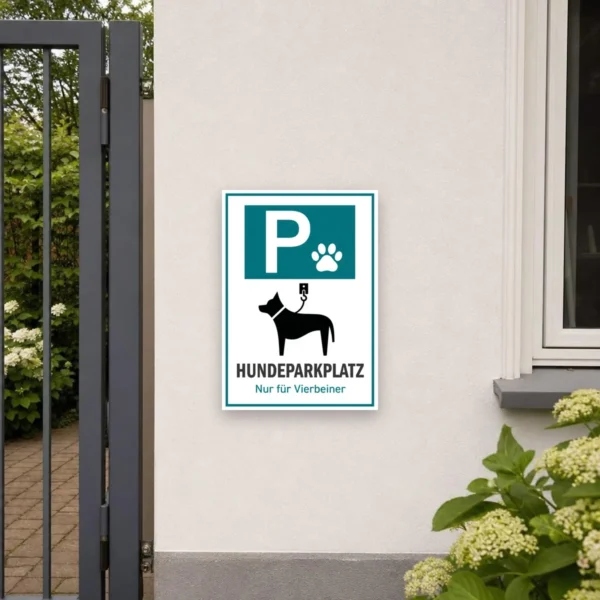 KI-generiertes Anwendungsbeispiel: Hundparkplatz Aufkleber an glatter Fläche mit Parksymbol, Pfote und Hundemotiv in Türkis und Schwarz.