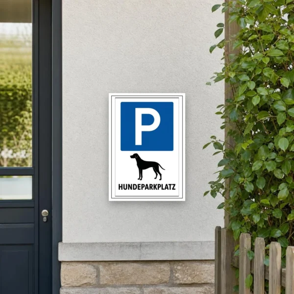 KI-generiertes Anwendungsbeispiel: Hundeparkplatz Aufkleber mit blauem P, Hundesymbol und HUNDEPARKPLATZ als klare Kennzeichnung.