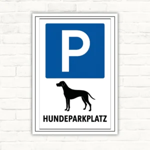 Hundeparkplatz Schild mit blauem P, Hundesilhouette und dem Schriftzug HUNDEPARKPLATZ als Parkplatzschild.