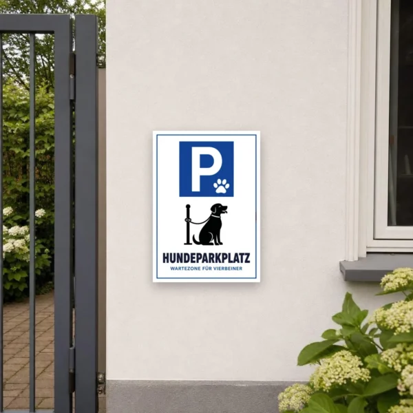 KI-generiertes Anwendungsbeispiel: Hundeparkplatz Aufkleber an einer glatten Türfläche mit blauem P-Symbol und Hundemotiv.