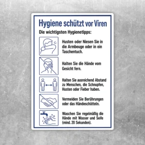 Hygiene schützt vor Viren Aufkleber mit Hygienetipps in Blau, Weiß und Schwarz für Türen und Eingänge.