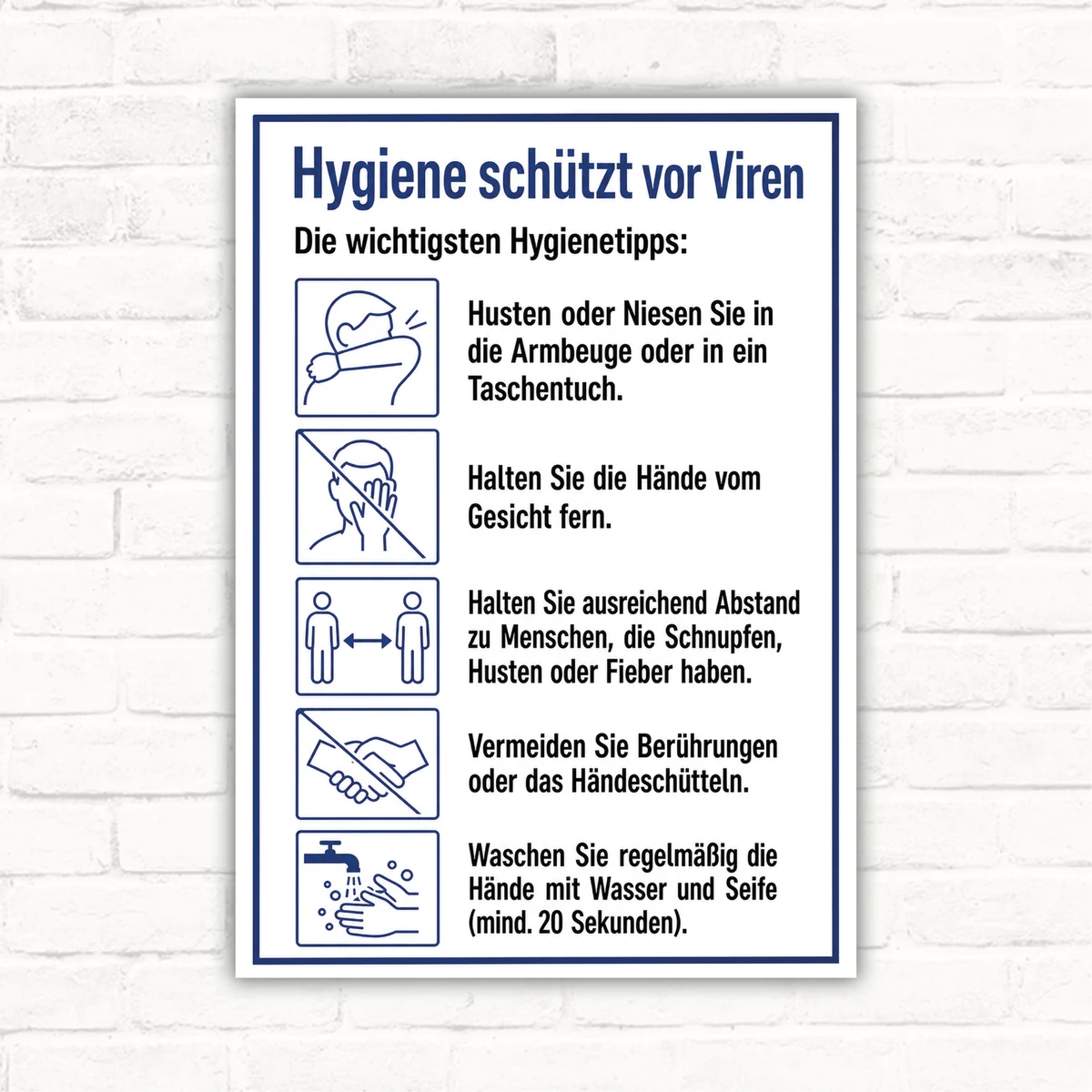 Hygiene schützt vor Viren Schild mit Hygienetipps, Symbolen und klarer Überschrift als bedrucktes Hinweisschild.