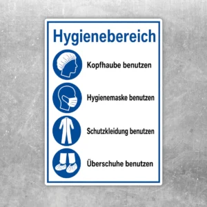 Hochformatiger Hinweisaufkleber für den Hygienebereich mit der Aufforderung, Schutzkleidung zu benutzen, in Blau, Weiß und Schwarz.