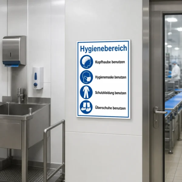 KI-generiertes Anwendungsbeispiel: Hinweisaufkleber Hygienebereich Schutzkleidung benutzen an einer glatten Tür im professionellen Eingangsbereich.