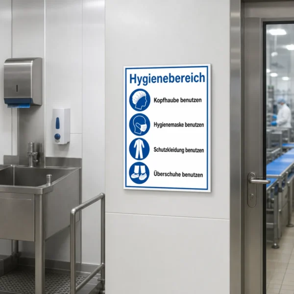 KI-generiertes Anwendungsbeispiel: Hinweisschild Hygienebereich für den Eingang einer Hygieneschleuse mit Schutzkleidung-Hinweis.