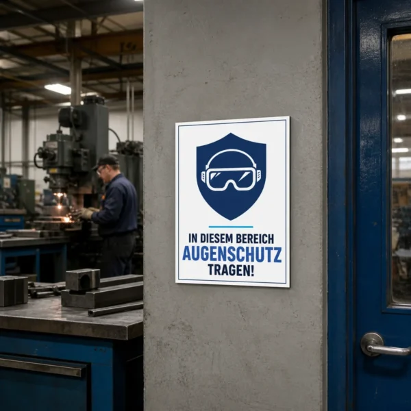 KI-generiertes Anwendungsbeispiel: Augenschutz tragen Aufkleber an einer Werkstatttür mit blauem Schutzsymbol und klarer Warnbotschaft.