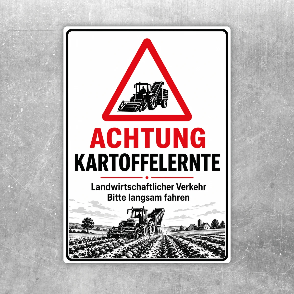 Achtung Kartoffelernte Aufkleber mit rotem Warn-Dreieck, Traktor-Motiv und dem Hinweis auf landwirtschaftlichen Verkehr.