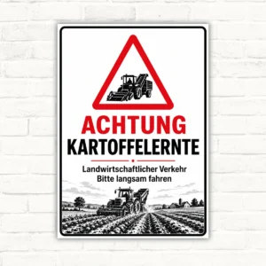 Achtung Kartoffelernte Schild mit Traktor-Motiv und dem Hinweis „Landwirtschaftlicher Verkehr – Bitte langsam fahren“ als Warnschild.