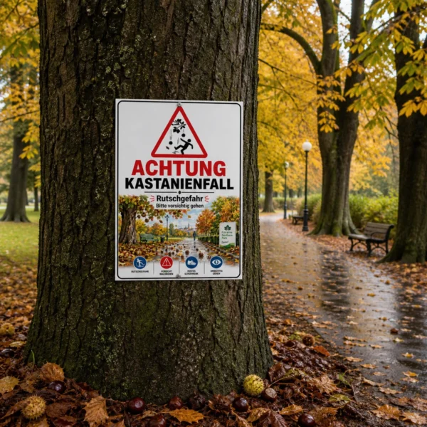 KI-generiertes Anwendungsbeispiel: Warnschild Kastanienfall mit „Achtung Kastanienfall“ als wetterfestes Schild an einem Parkweg.