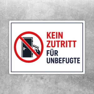 Kein Zutritt für Unbefugte Aufkleber mit rotem Verbotssymbol, Türmotiv und klarer Beschriftung in Rot und Dunkelblau.