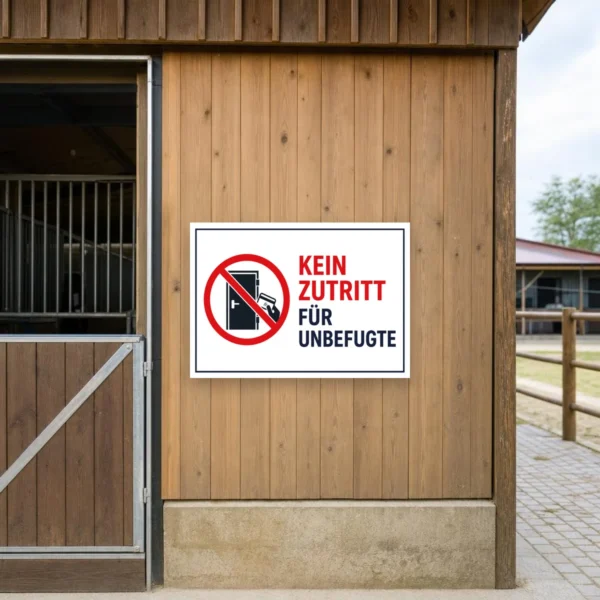 KI-generiertes Anwendungsbeispiel: Kein Zutritt für Unbefugte Schild an einer Werkstatttür zur klaren Zugangsbeschränkung.