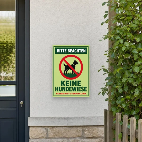 KI-generiertes Anwendungsbeispiel: Hundeverbotsschild „Keine Hundewiese – Hunde bitte fernhalten“ als beschriftetes Schild an einer Grünfläche.