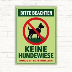 Hundeverbotsschild mit Text „Keine Hundewiese – Hunde bitte fernhalten“ und durchgestrichenem Hund auf grünem Schild.