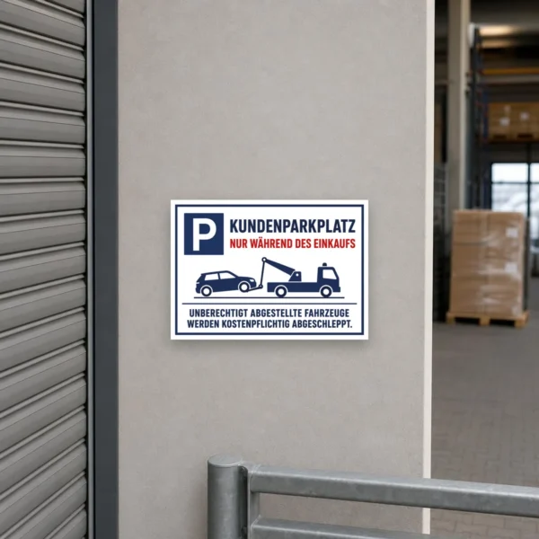 KI-generiertes Anwendungsbeispiel: Kundenparkplatz-Schild mit der Aufschrift „nur während des Einkaufs“ zur Kennzeichnung eines Kundenparkplatzes.