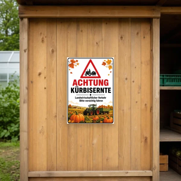 KI-generiertes Anwendungsbeispiel: Achtung Kürbisernte Schild als bedrucktes Hinweisschild an einer Hofzufahrt mit Traktorverkehr.