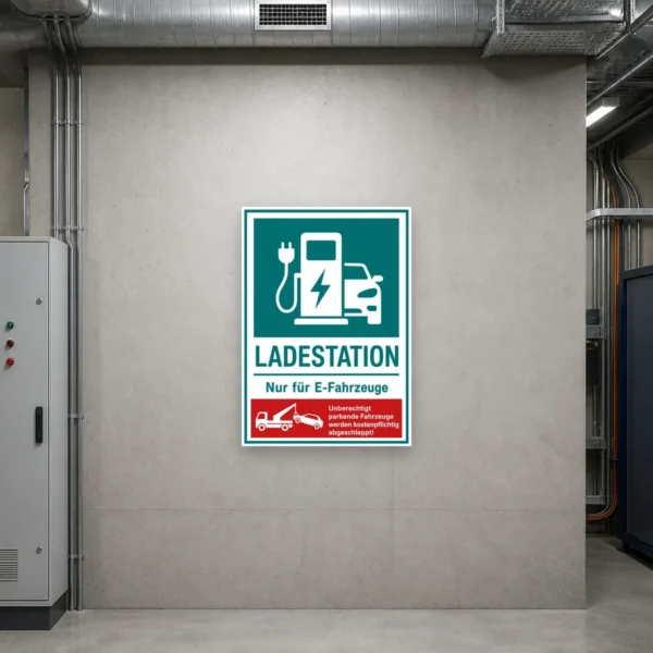 KI-generiertes Anwendungsbeispiel: Ladestation nur für E-Fahrzeuge Aufkleber mit Abschlepphinweis an einem reservierten Ladeplatz.