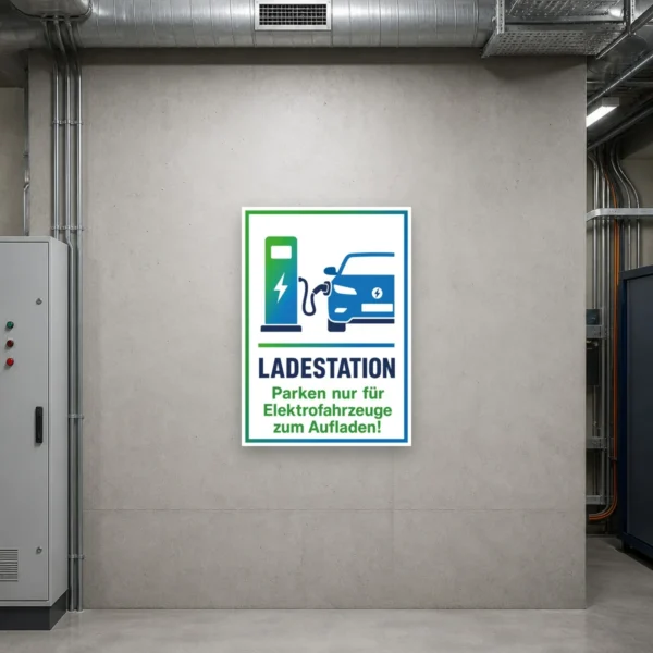 KI-generiertes Anwendungsbeispiel: Ladestation Aufkleber mit Elektroauto und Ladesäule zur Kennzeichnung eines E-Ladeplatzes.