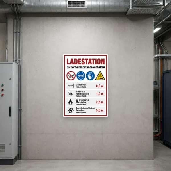 KI-generiertes Anwendungsbeispiel: Ladestation Sicherheitsabstände Aufkleber an einer Wallbox mit Warnsymbolen und gut lesbaren Abstandshinweisen.
