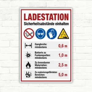Ladestation Sicherheitsabstände Warnschild mit roten Abstandsangaben, Piktogrammen und klarer Überschrift als bedrucktes Schild.