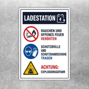 Ladestation Sicherheitshinweise Aufkleber mit Rauchverbot, Schutzkleidung und Warnsymbol für E-Ladebereiche.