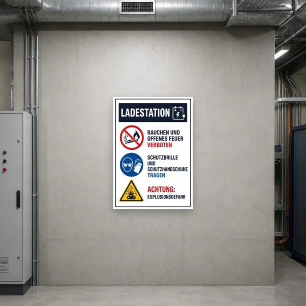 KI-generiertes Anwendungsbeispiel: Ladestation Sicherheitshinweise Aufkleber an einer Wallbox mit klaren Sicherheitszeichen.