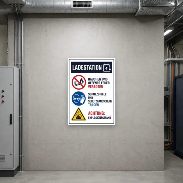 KI-generiertes Anwendungsbeispiel: Bedrucktes Hochformat-Schild „Ladestation“ mit Sicherheitsregeln zu Rauchverbot, Schutzkleidung und Explosionsgefahr an einer E-Ladestation.