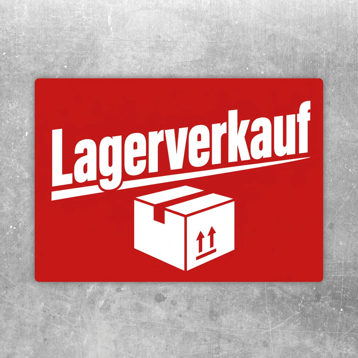 Roter Lagerverkauf Aufkleber mit weißer Schrift und Paketmotiv für Aktionen im Einzelhandel.