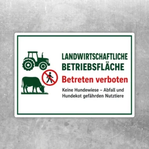 Landwirtschaftliche Betriebsfläche Betreten verboten Aufkleber im Querformat mit Traktor-, Tier- und Verbotsmotiv.