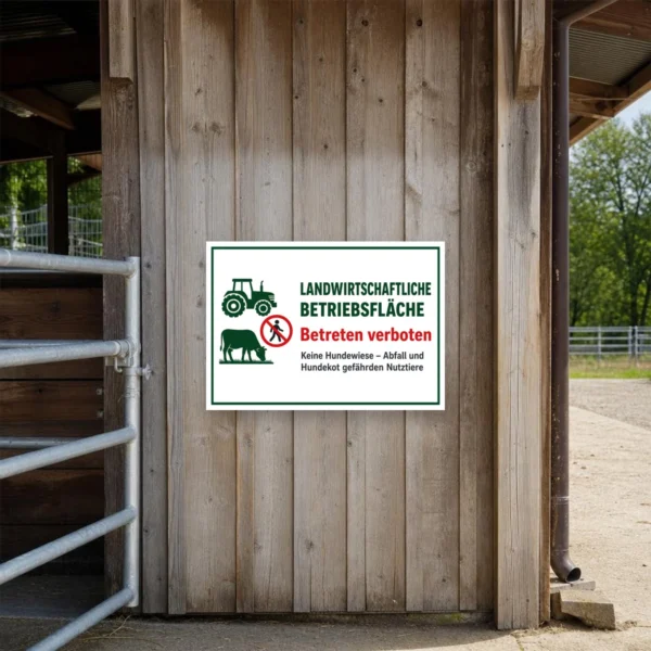 KI-generiertes Anwendungsbeispiel: Bedrucktes Schild mit Traktor, Kuh und Verbotssymbol für eine landwirtschaftliche Betriebsfläche, Betreten verboten.