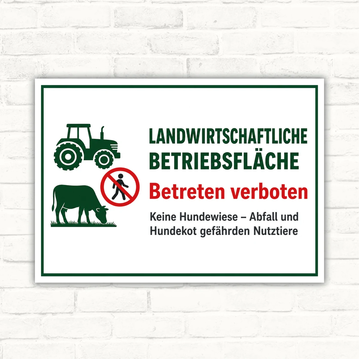 Schild mit Traktor und Kuh: Landwirtschaftliche Betriebsfläche Betreten verboten, bedrucktes Hinweisschild für Hof und Feld.