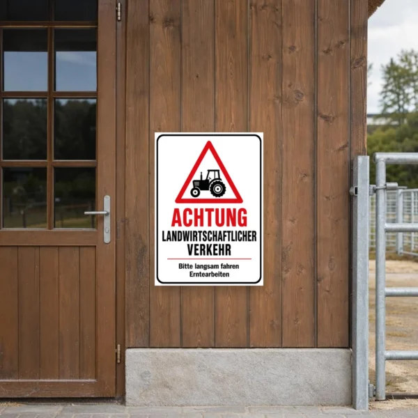 KI-generiertes Anwendungsbeispiel: Achtung landwirtschaftlicher Verkehr Schild mit Traktor, rotem Warndreieck und Hinweis auf Erntearbeiten.