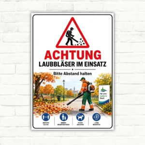 Achtung Laubbläser im Einsatz Schild mit Warnsymbol, rotem Text und dem Hinweis Bitte Abstand halten als bedrucktes Hinweisschild.