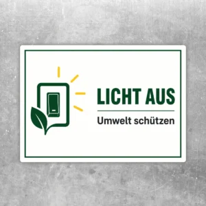 Licht aus Umweltschutz Aufkleber mit grünem Blatt- und Lichtsymbol, weißem Hintergrund und schwarzer Beschriftung.