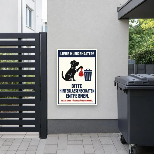 KI-generiertes Anwendungsbeispiel: Hundeschild mit der Bitte „Liebe Hundehalter! Bitte Hinterlassenschaften entfernen“ an einem Gartenzaun.