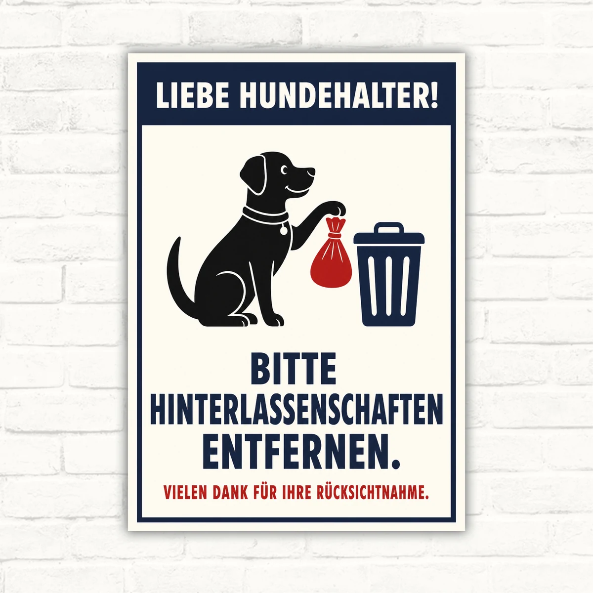 Hundeschild mit Text „Liebe Hundehalter! Bitte Hinterlassenschaften entfernen“ und Hund, Beutel sowie Mülleimer auf Schildplatte.