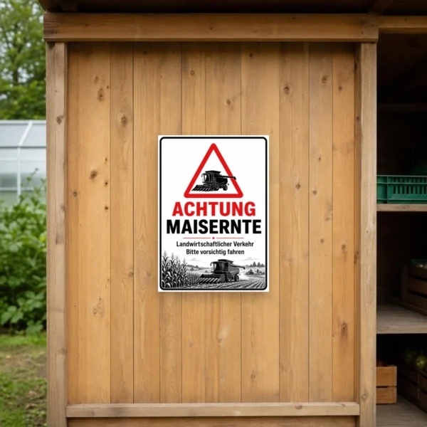 KI-generiertes Anwendungsbeispiel: Achtung Maisernte Schild mit rotem Warnsymbol, Mähdrescher und klarer Erntewarnung für die Hofzufahrt.
