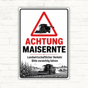 Achtung Maisernte Schild mit Warndreieck, Mähdrescher und Hinweis auf landwirtschaftlichen Verkehr als robustes Produktschild.