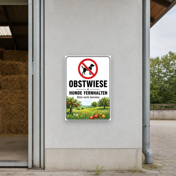 KI-generiertes Anwendungsbeispiel: Hundeverbotsschild für die Obstwiese mit Verbotssymbol, Obstbäumen und dem Text „OBSTWIESE HUNDE FERNHALTEN Bitte nicht betreten“.