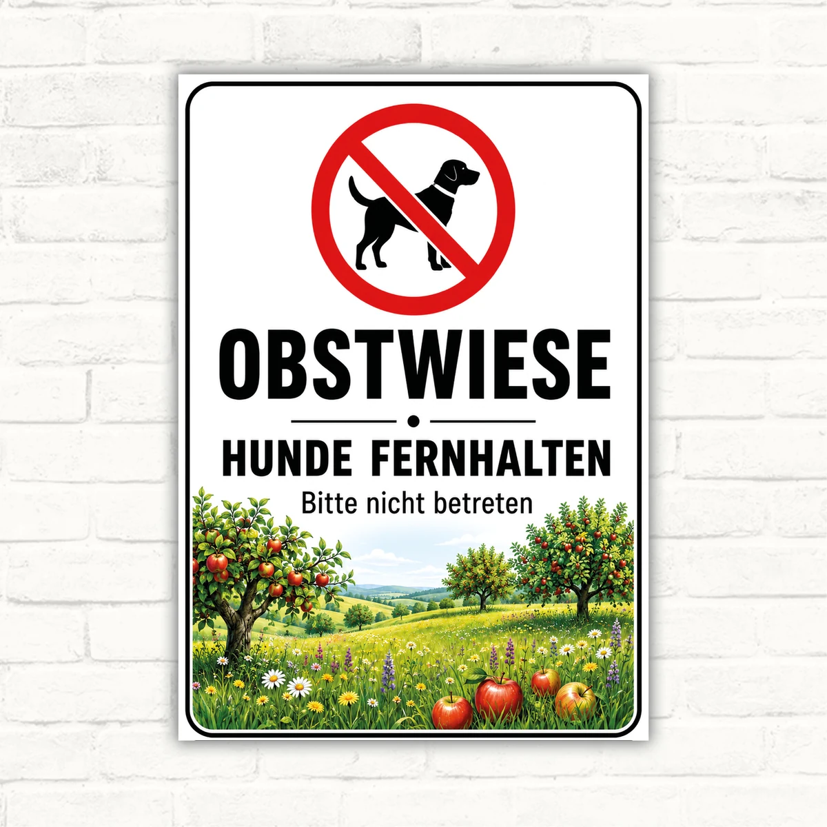 Hundeverbotsschild mit Obstwiesen-Motiv und dem Text „OBSTWIESE HUNDE FERNHALTEN Bitte nicht betreten“ als robustes Schild.