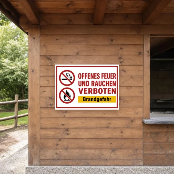 KI-generiertes Anwendungsbeispiel: Offenes Feuer und Rauchen verboten Schild mit Brandgefahr an einem Lagerzugang, deutlich sichtbar montiert.