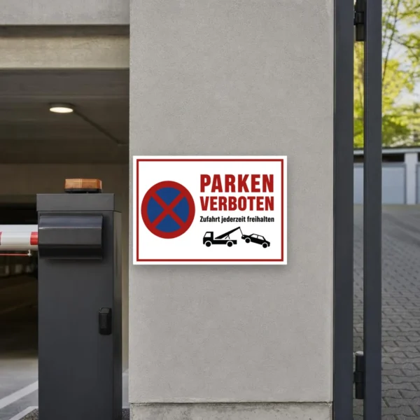 KI-generiertes Anwendungsbeispiel: Parken verboten Schild an einer Einfahrt, mit „Zufahrt jederzeit freihalten“ und Abschleppsymbol.