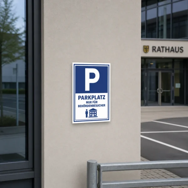 KI-generiertes Anwendungsbeispiel: Parkplatzschild mit großem P und dem Text „Parkplatz nur für Behördenbesucher“ für eine Behördenzufahrt.