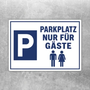 Blau-weißer Parkplatz nur für Gäste Aufkleber mit P-Symbol und Personenpiktogrammen für Besucherstellplätze.