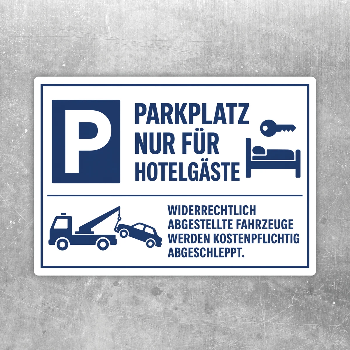 Blau-weißer Parkplatz nur für Hotelgäste Aufkleber mit P-Symbol, Bett-Icon und Abschlepphinweis für Hotelparkplätze.