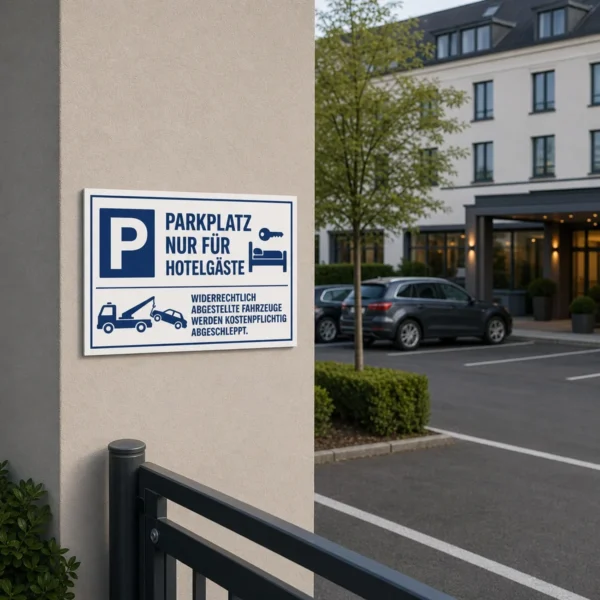 KI-generiertes Anwendungsbeispiel: Blau-weißer Parkplatz nur für Hotelgäste Aufkleber an einer glatten Zufahrtsfläche mit klarer Warnwirkung.