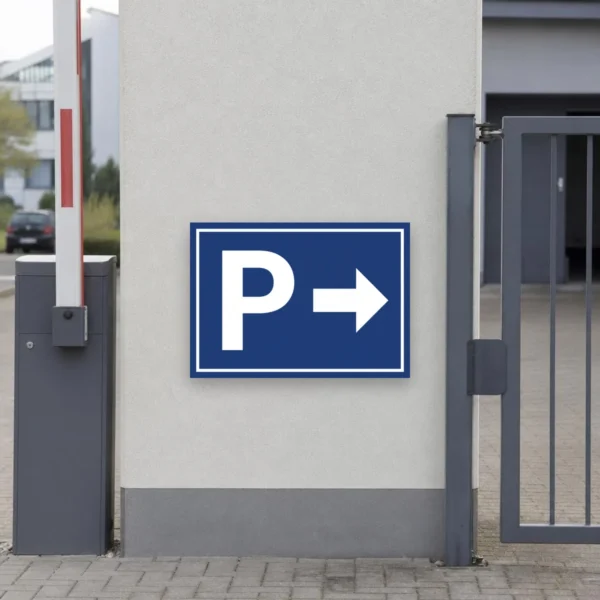KI-generiertes Anwendungsbeispiel: Parkplatzschild mit Pfeil rechts an einer Hofeinfahrt zur klaren Besucherführung.